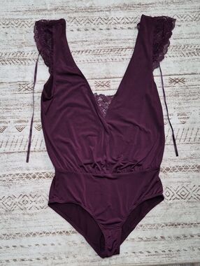 Adore Me Lace-Trim Plunge Bodysuit - Plum